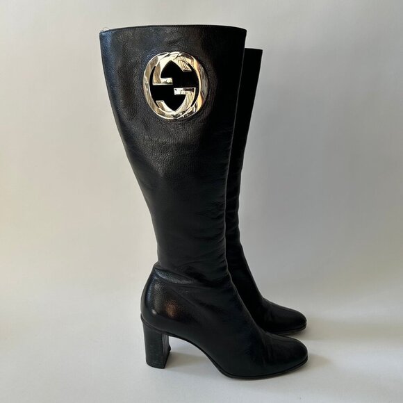 GUCCI BY TOM FORD GG INTERLOCKING BLACK LEATHER BOOTS - Picture 2 of 10